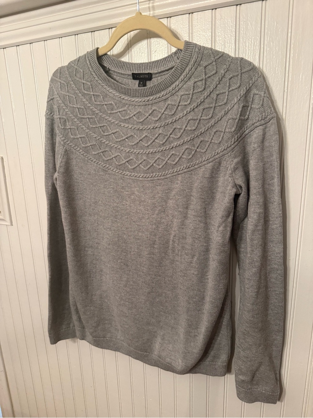 Talbots Diamond Cable Patterned Crewneck Gray Medium Sweater